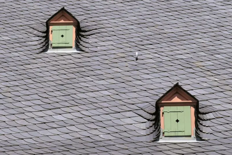 Close-up of a slate rooftop featuring two green shuttered dormers under daylight.